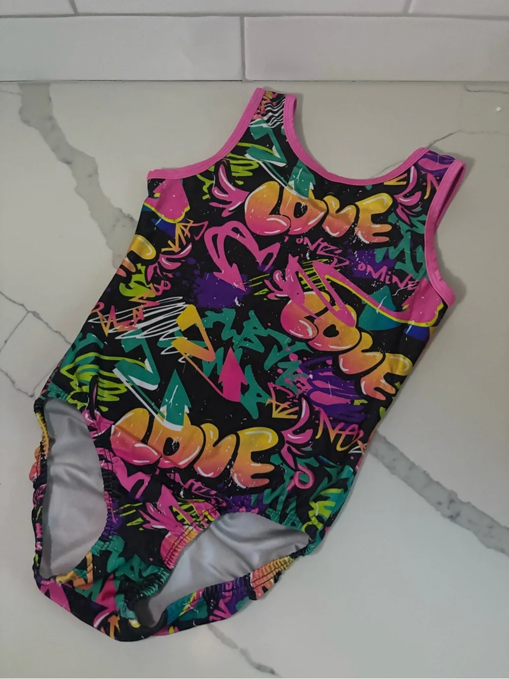PLUM Kids Neon Graffiti Gymnastics Leotard - Pink Trim